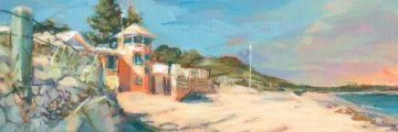 brush painted image in soft blues, apricots and greys of Mullaloo Surf Life Saving club - image credit, Mullaloo Morning Light 2025 by Natasha Mott