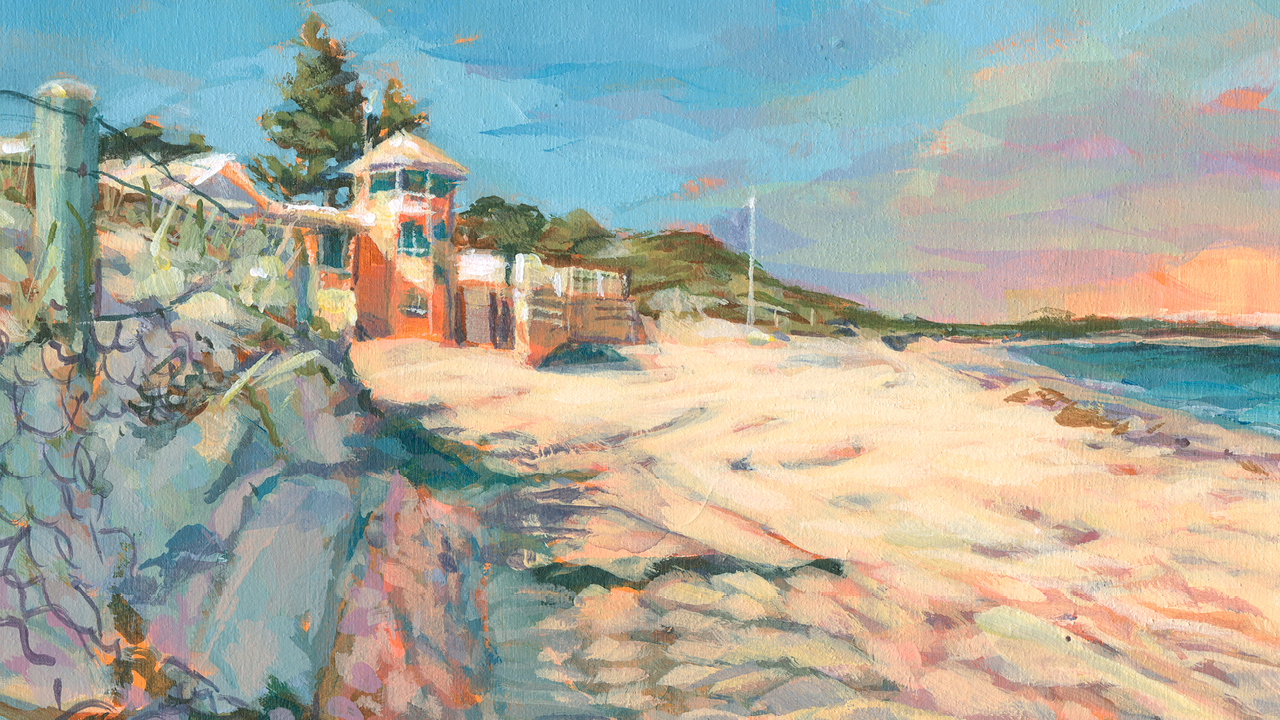 Painting of a sandy beach with a red building and a tall fence in the foreground under a soft blue and pink sky at sunset.