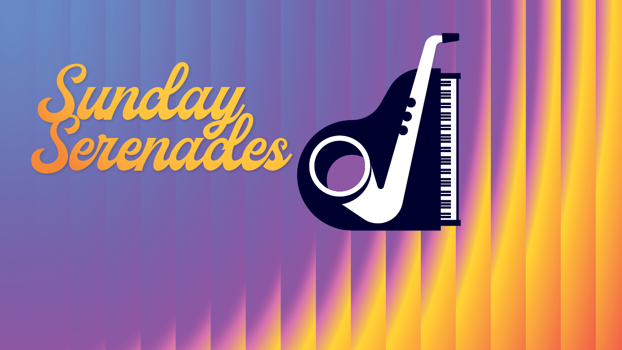 Sunday Serenades logo on a purple and yellow gradient background, featuring a stylised piano and saxophone icon.