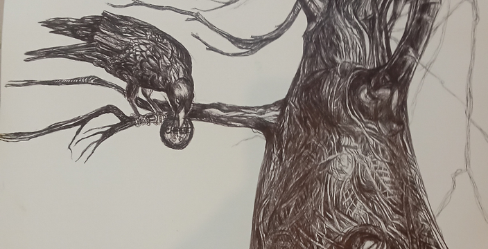 Ball point pen drawing of birds sitting in a tree