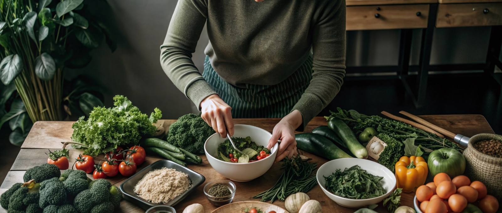 Lady chopping and mixing herbs and greens