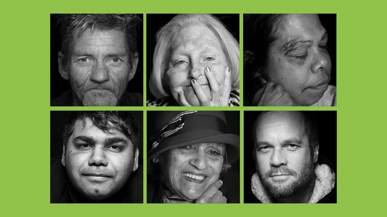Six black-and-white portraits of diverse people on a green background, showing different ages and emotions.
