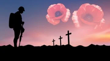ANZAC Day banner with poppies, soldier silhouette, crosses, and date Saturday 25 April 2026 at sunset background