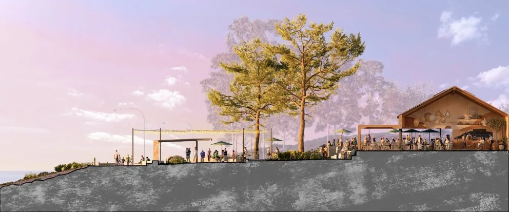 Top-down plan of the beachfront park with café, lawns, playground, paths and parking areas.