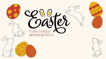 aster banner with decorative eggs and rabbits and text “Public holiday operating hours”