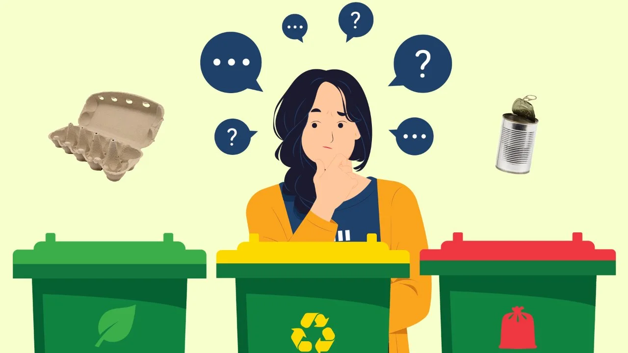 Illustration of a person considering waste and which bin to put it in