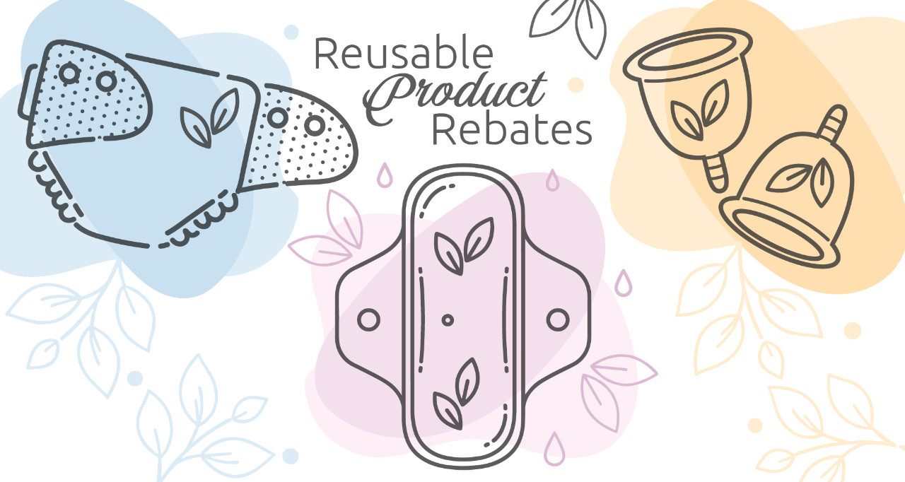 Illustration of reusable period products—cloth pads and menstrual cups—with leaves and text “Reusable Product Rebates