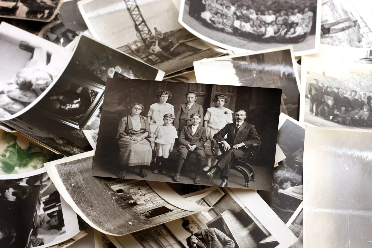 sepia photo of a box of old photos