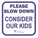 “Please Slow Down – Consider Our Kids” road safety sticker with City of Joondalup logo.