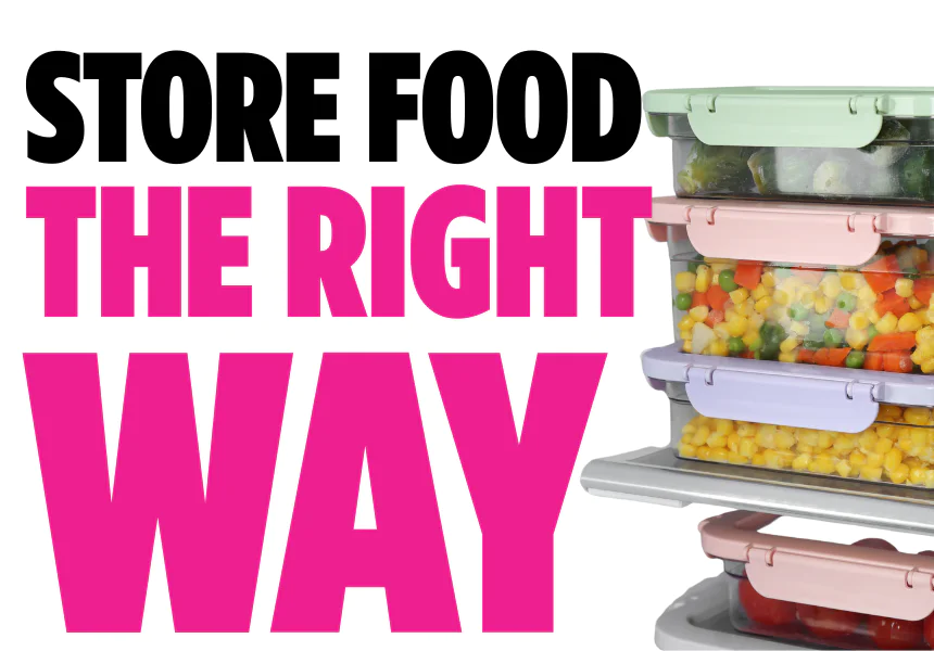 Bold text reading “Store food the right way” beside stacked sealed containers filled with vegetables and leftovers.