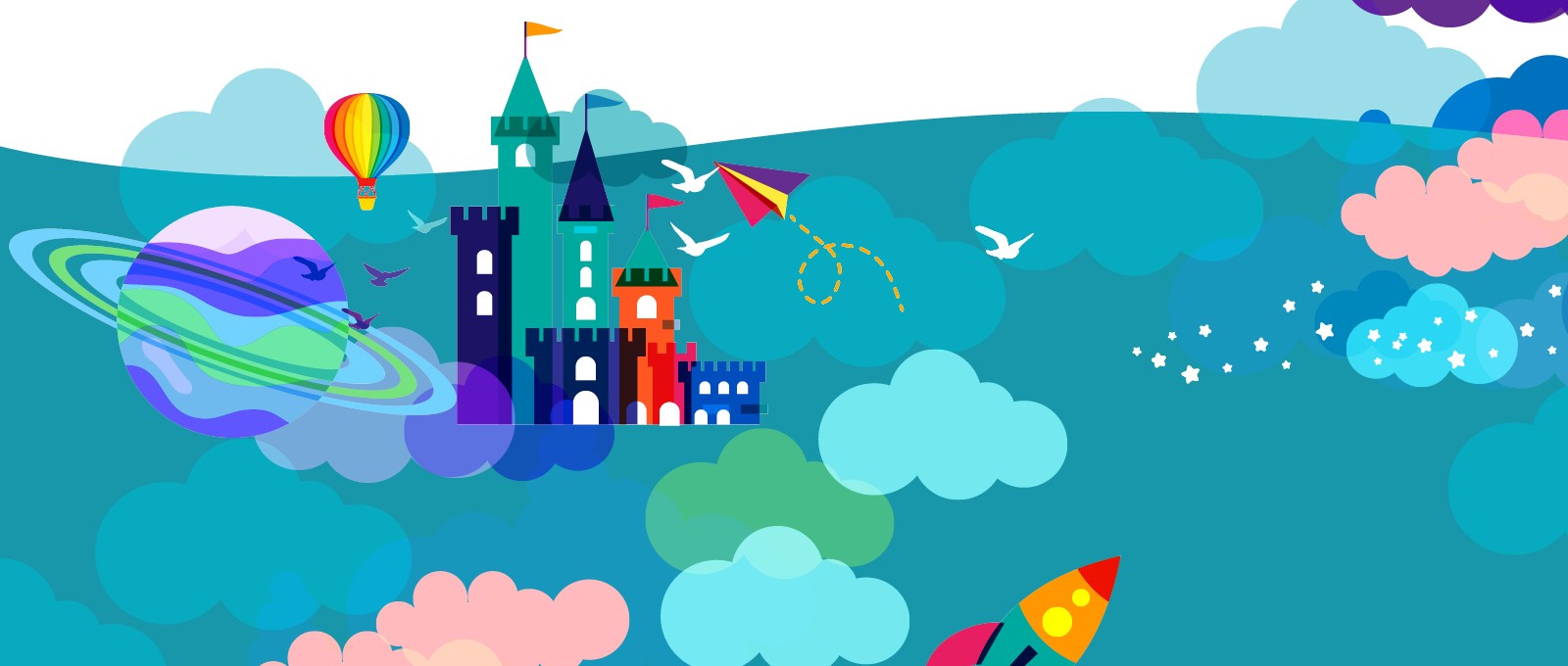 A computer created graphic of a castle, clouds, a planet with a ring around it and stars representing a dream in soft teals, blues with pops of red, orange and yellow