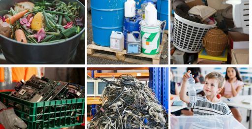 An image showing different trash for different bins