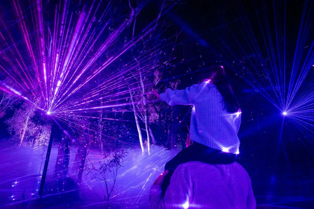 A family looking at a light show