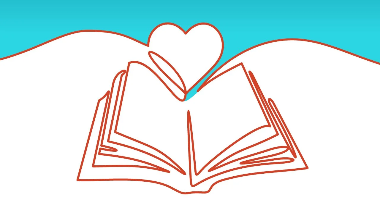 Library logo and book banner teal background