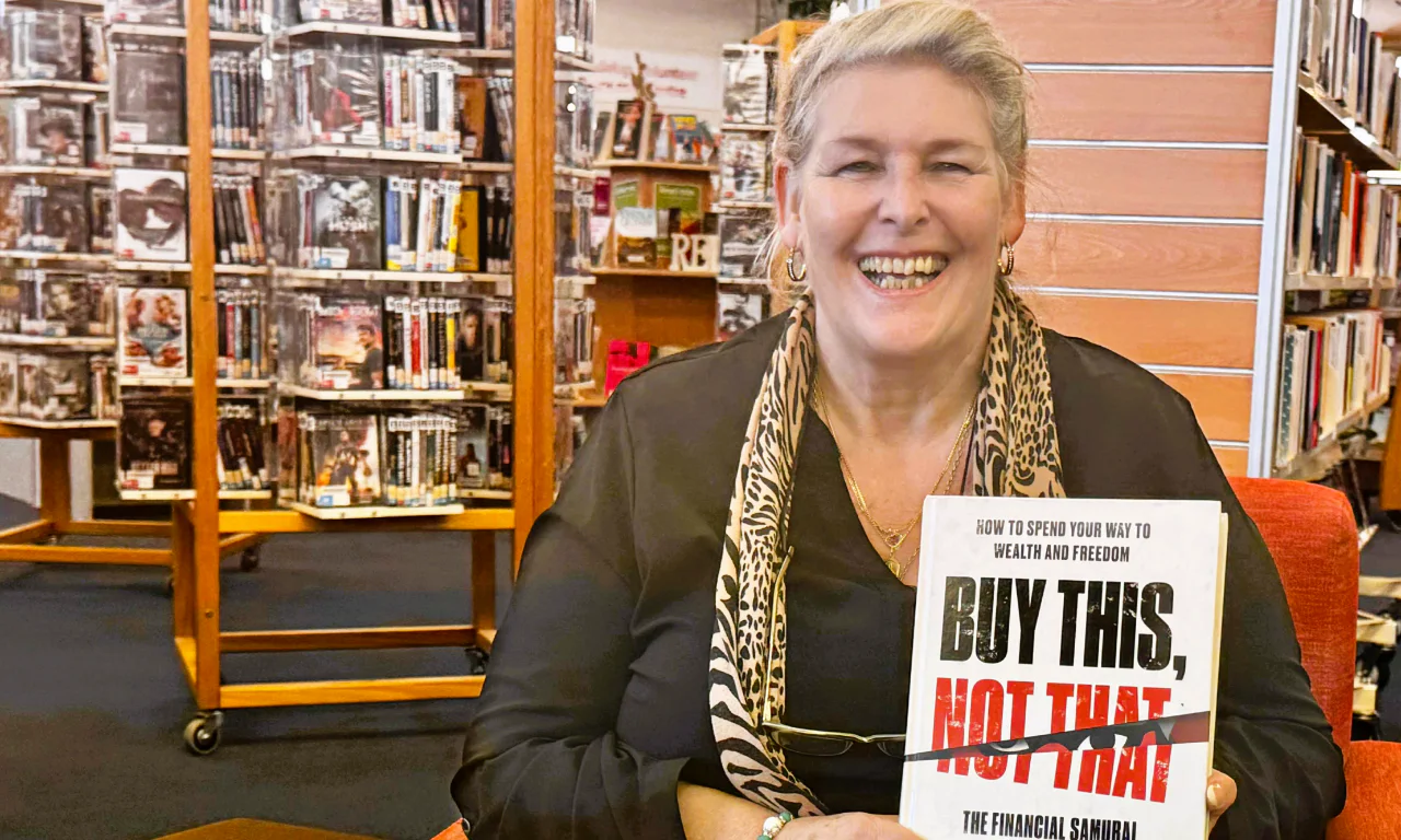 Tracey sitting at Whitford Library