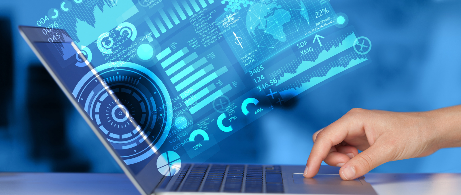 Laptop with blue background featuring tech graphics