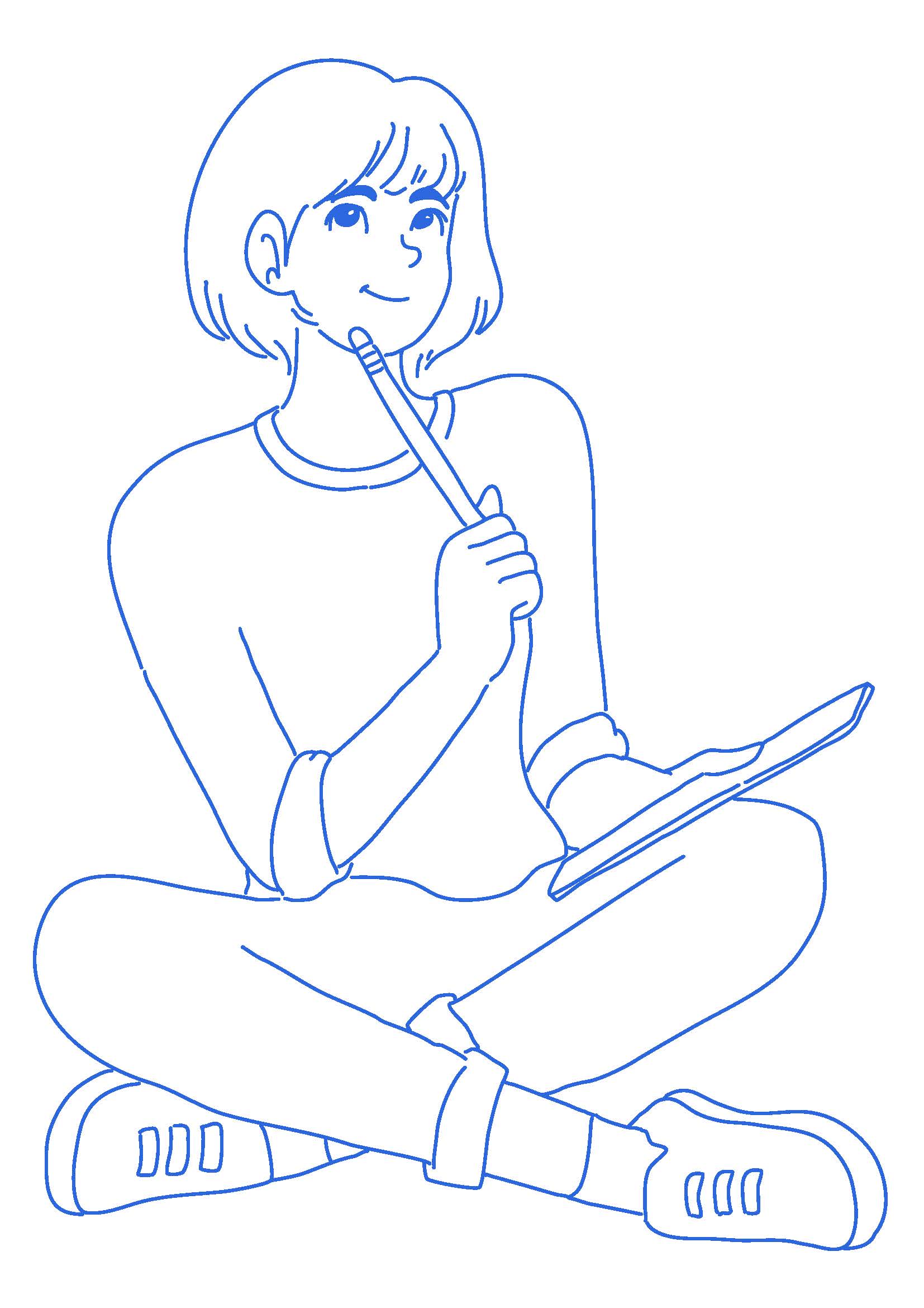 Line art of young person holding pencil and pad