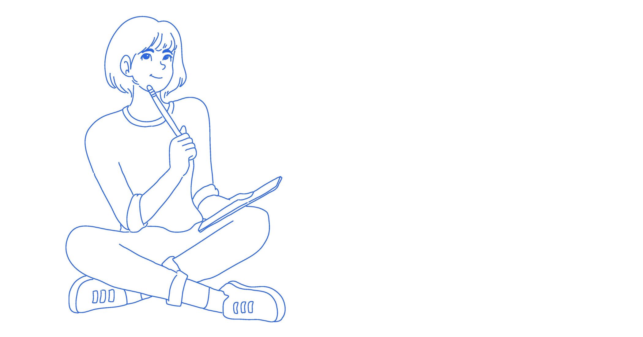 Line art of young person holding pencil and pad