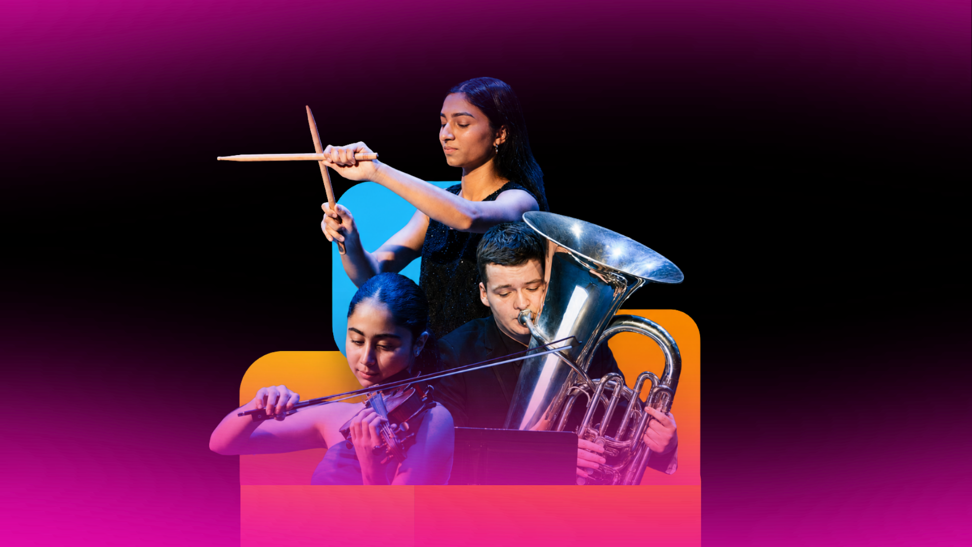 A montage of three musicians playing various instruments: a person playing the violin, another playing a tuba, and a third holding drumsticks.