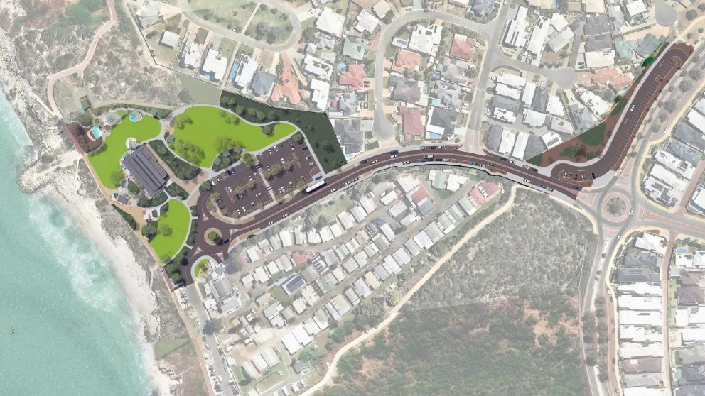 aerial masterplan showing beachfront park, café building, car park, paths and nearby residential streets.