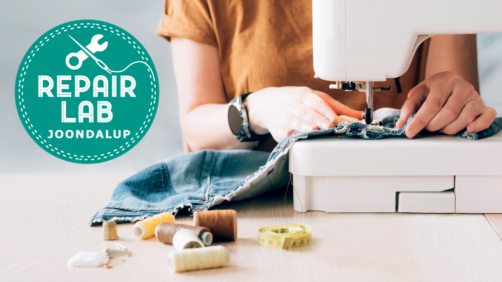Person sewing denim on a machine with thread and tools beside a Repair Lab Joondalup logo.