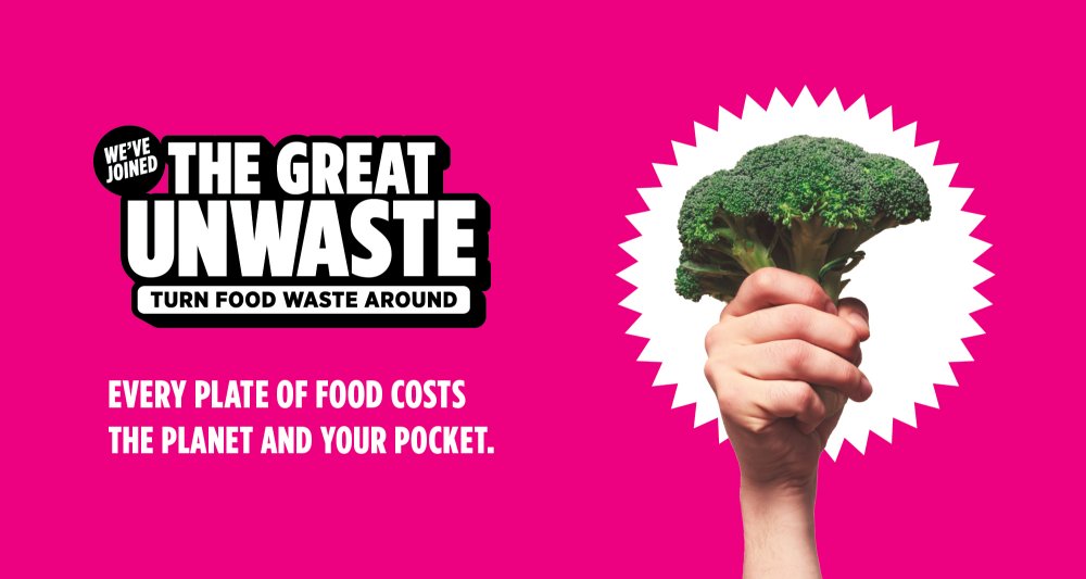 Hand holding broccoli on pink background with text about reducing food waste and saving money.