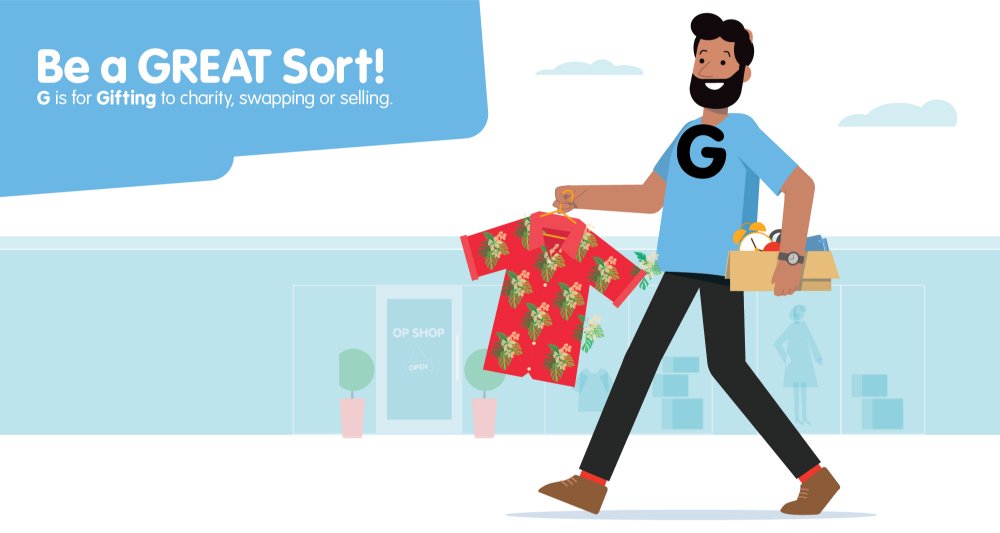 Illustration of man carrying clothes and a donation box outside an op shop with text promoting gifting, swapping or selling.